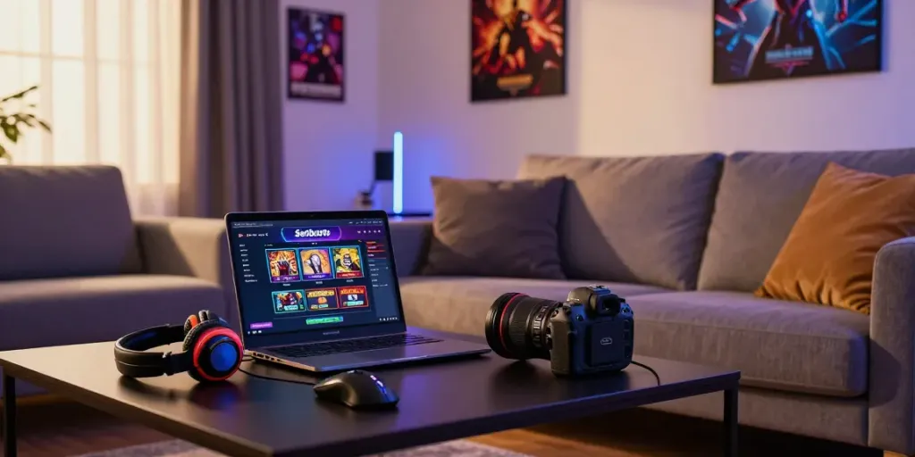 Gamer engaging with Seributoto's online platform in a stylish modern home environment.