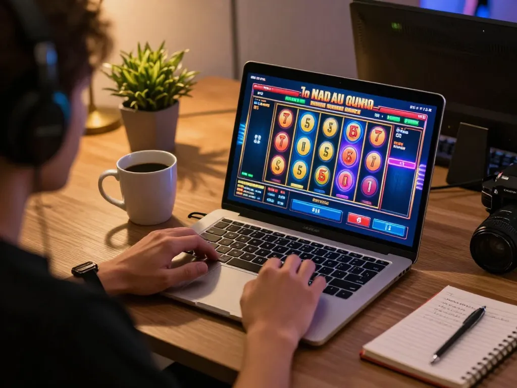 Engaged player spinning the reels in a thrilling toto macau slot game at home, showcasing a cozy atmosphere.