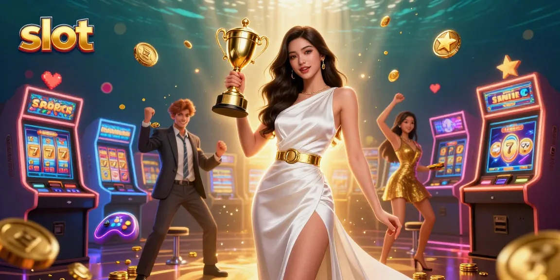 Spin the slot reels with excitement as a victorious woman holds a trophy in a vibrant casino scene.