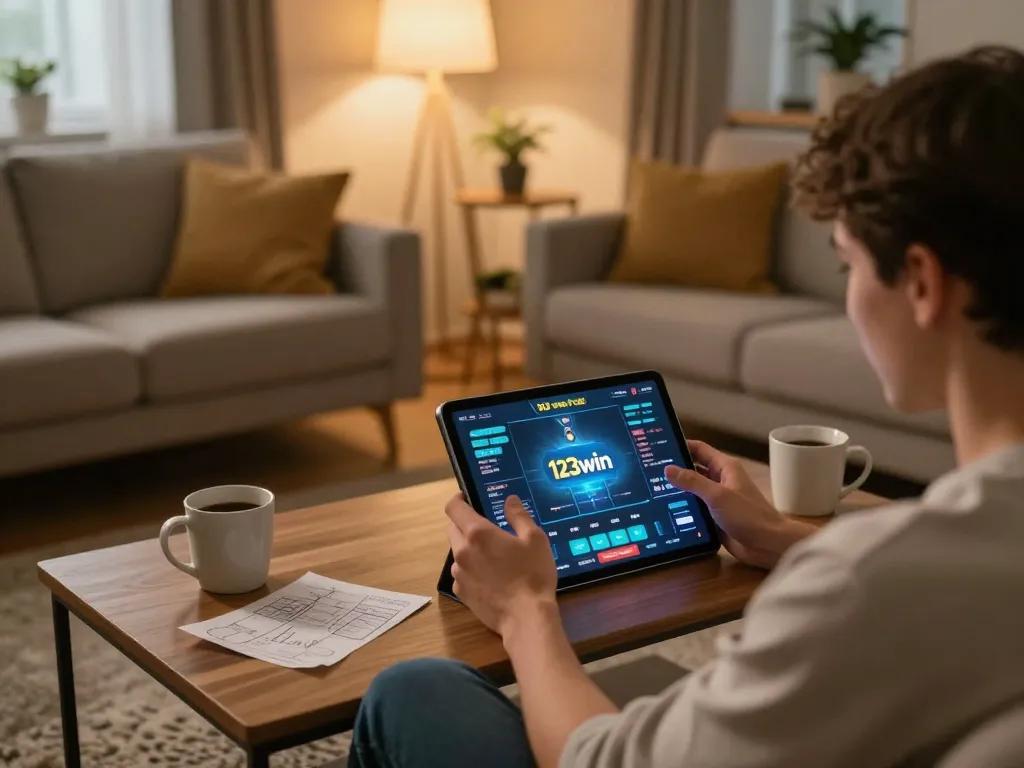 Engaging with the 123win gaming interface on a tablet, showcasing a cozy online gambling atmosphere.