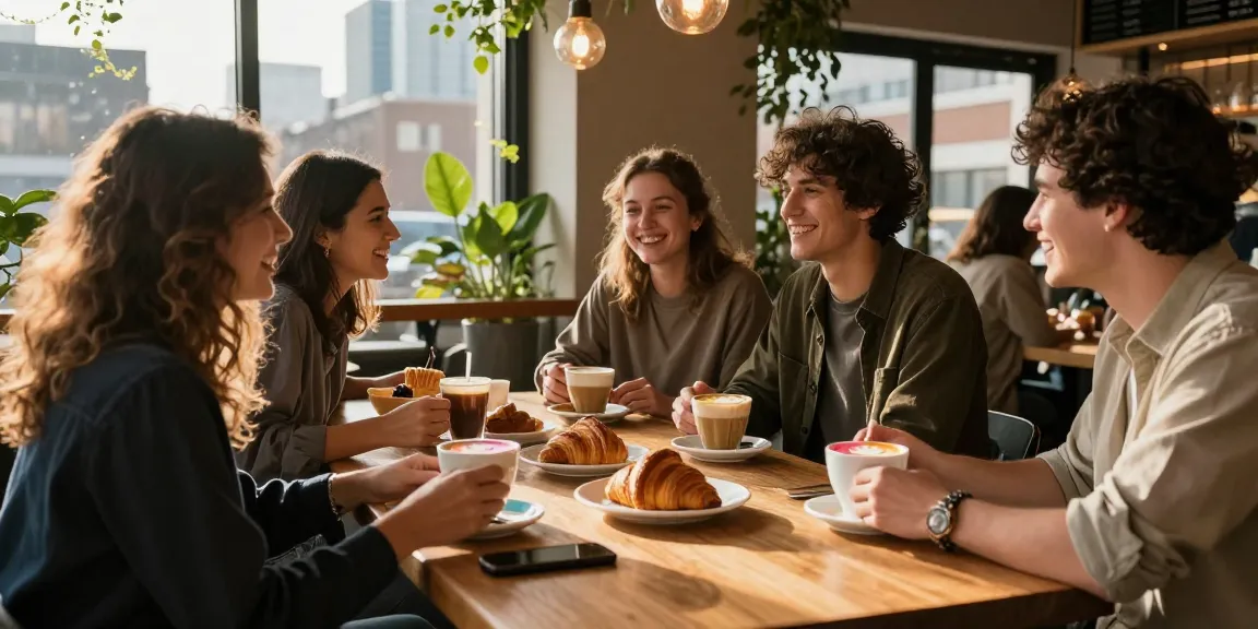 Pengalaman kuliner BOS88 di kafe modern dengan teman-teman sambil menikmati kopi dan kue.