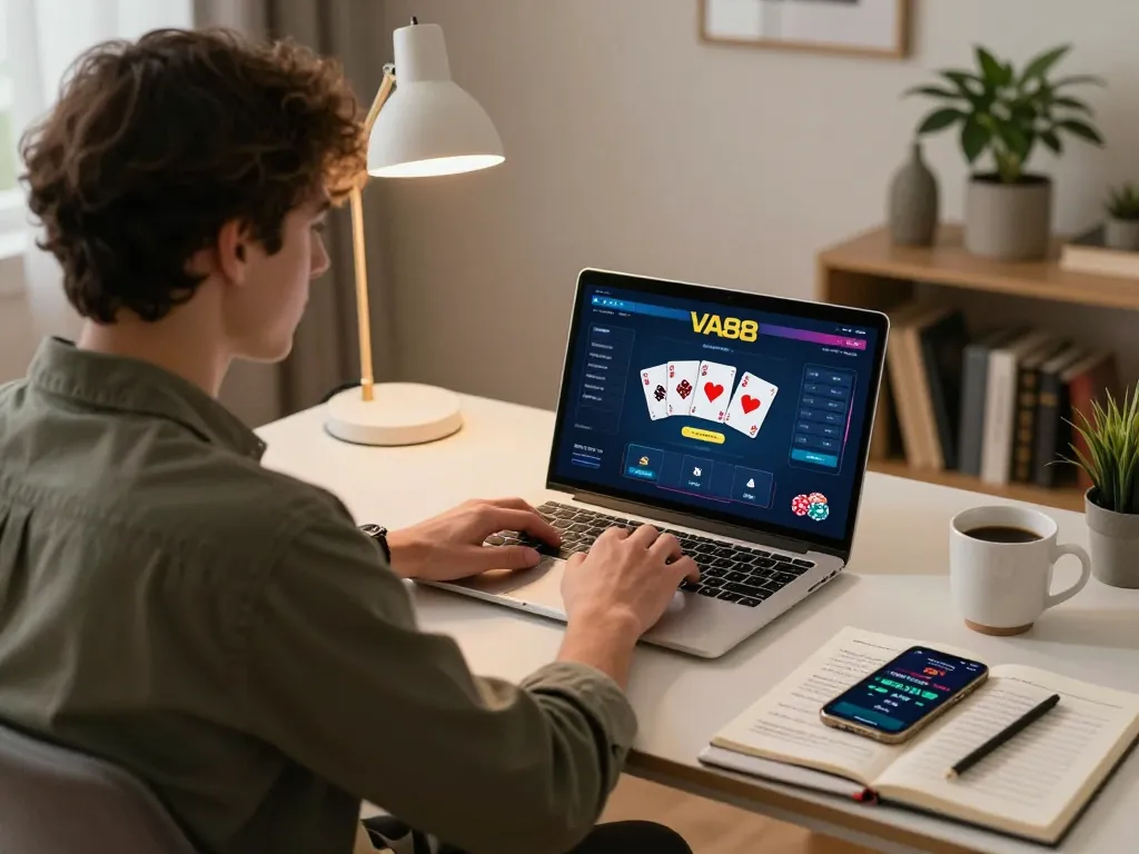 Player engaging in online gambling on VA88, showcasing a dynamic poker game on a laptop in a cozy home setting.