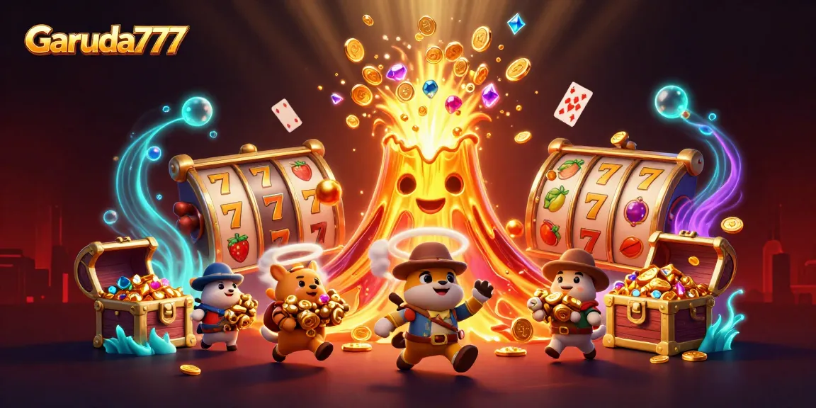 Permainan slot Garuda777 dengan simbol keberuntungan dan harta karun berlimpah dalam ilustrasi 3D menakjubkan.