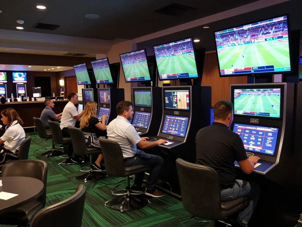 Sports betting excitement at https://ta88at.com/ casino with guests placing wagers and large screens displaying live events.