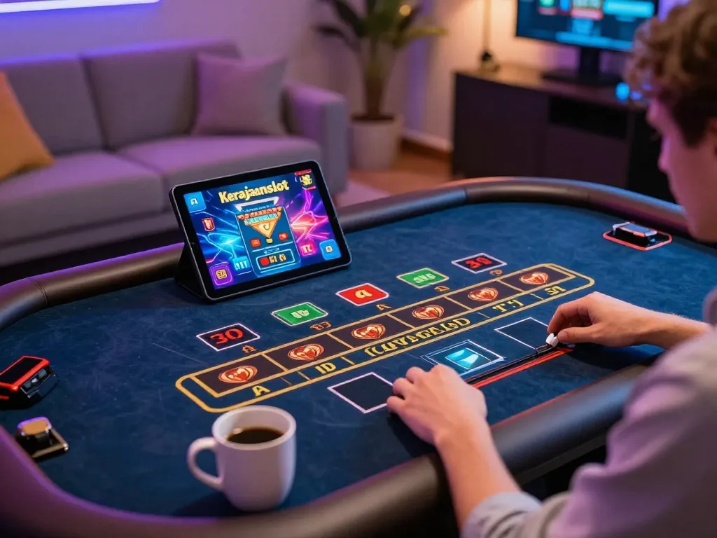 Player experiencing kerajaanslot online gaming with vibrant tablet interface and cozy room ambiance