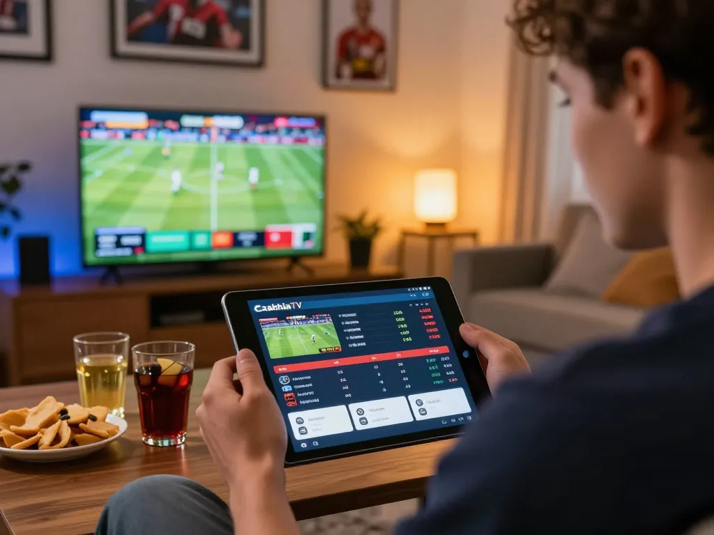 CakhiaTV user engaged in sports betting with dynamic live updates in vibrant setting.