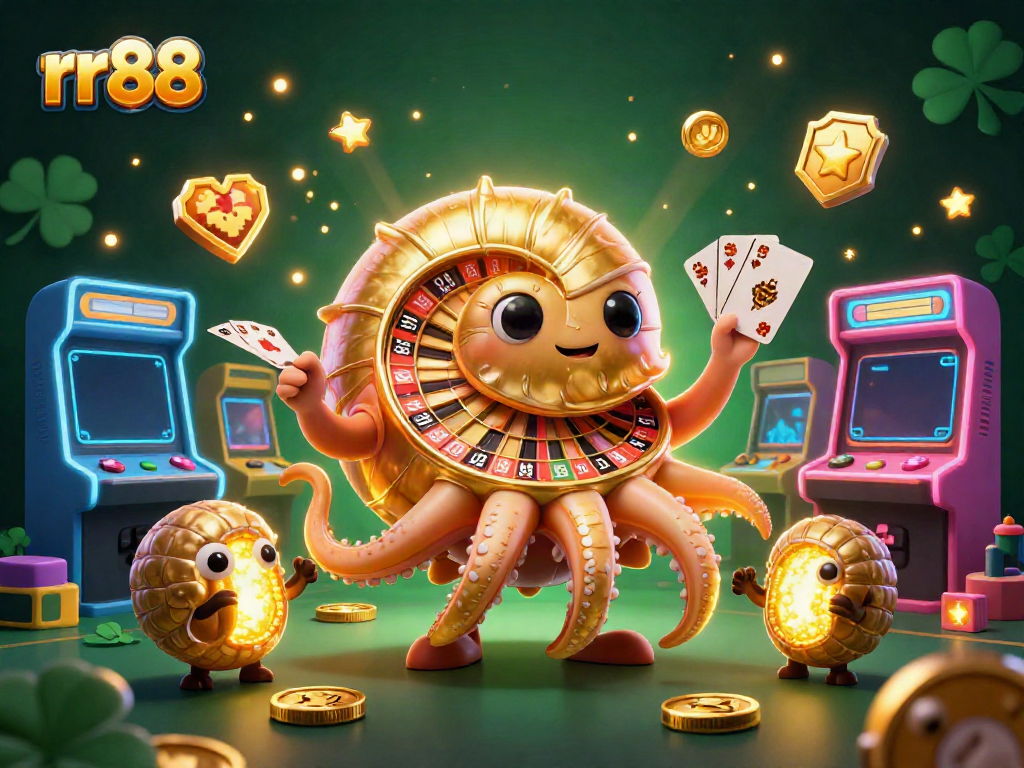 Experience thrilling casino action with rr88's giant nautilus holding cards in a gold-accented 3D scene.