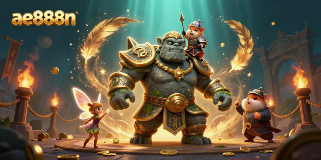 Experience thrilling adventures at ae888n with a magical golem and fairy casting spells amidst glittering treasures.