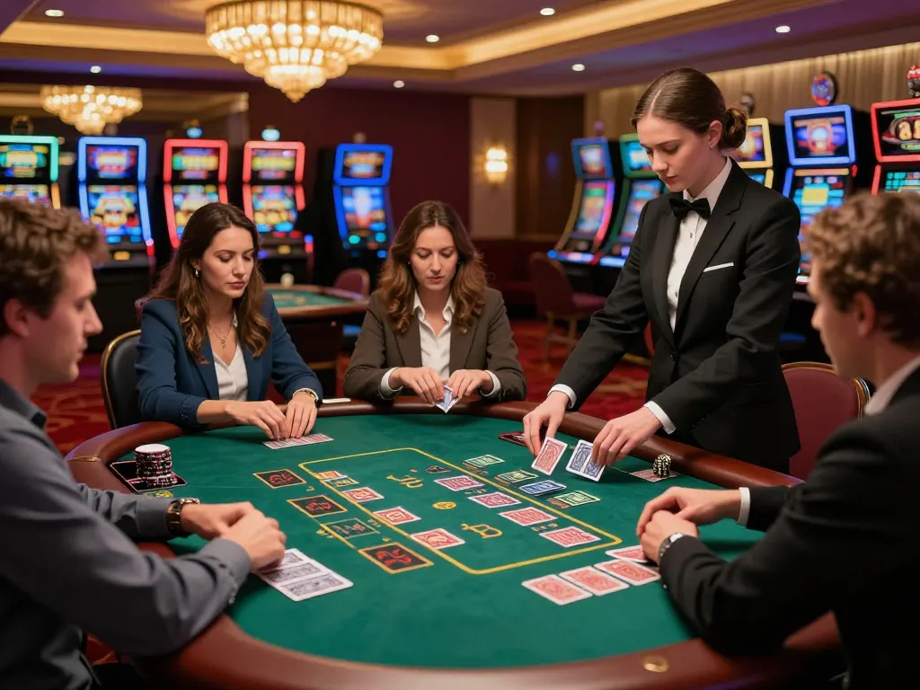 Players placing strategic bets at pfly88 blackjack table in luxury casino.