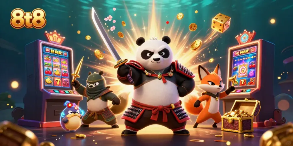 Experience big wins with 8tt8 in this vibrant 3D casino illustration featuring engaging characters and slot action.