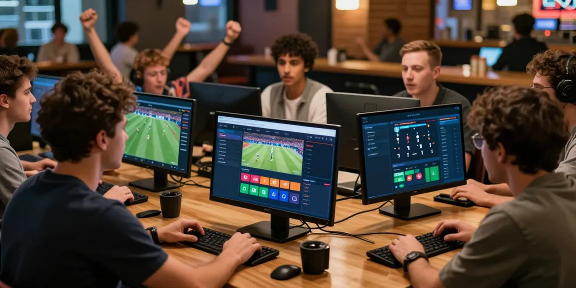 Engaged sports bettors exploring kantorbola's online betting platform in a vibrant environment.