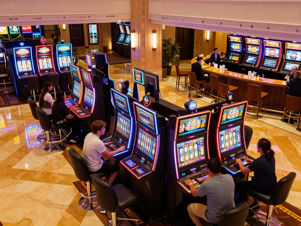 Menggairahkan pemain di slot deluna4d, menampilkan suasana kasino yang hidup dengan mesin berwarna-warni.