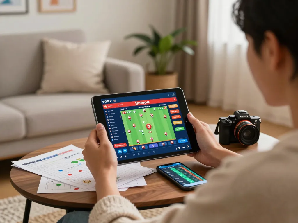 Engaging in togel singapore online, a player analyzes data on a tablet in a cozy living room.
