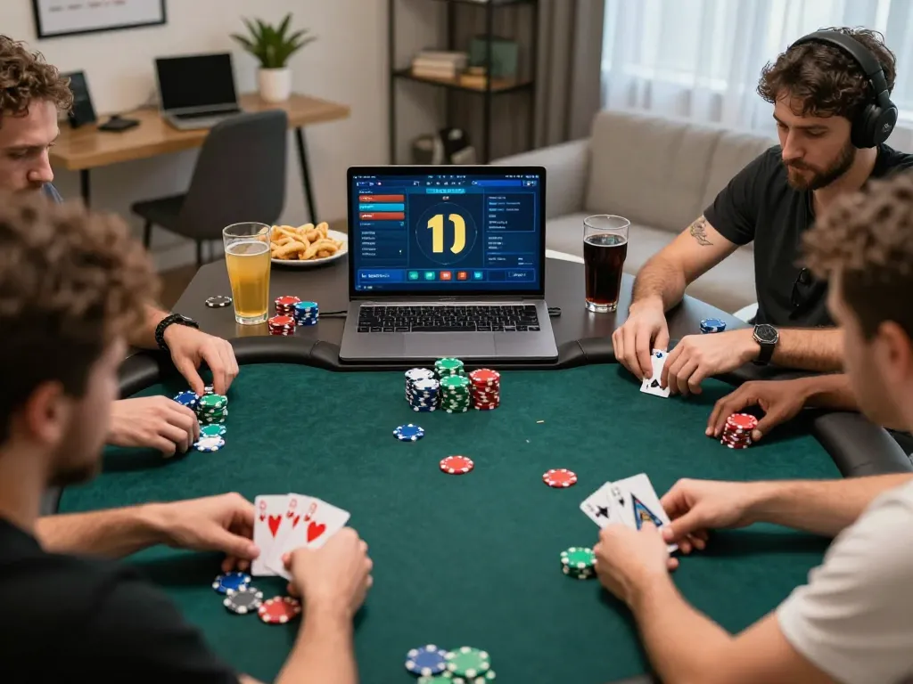 Engaging online poker gameplay showcasing joylink free kredit in a strategic home setting.