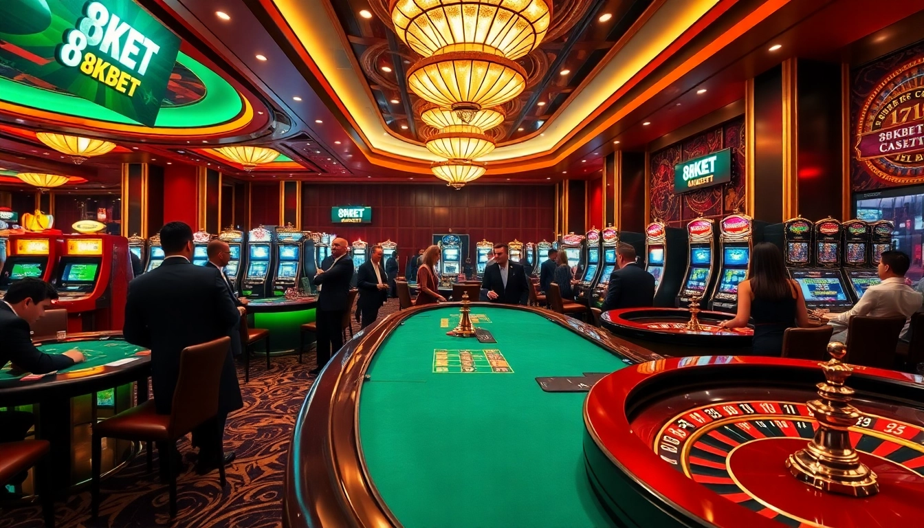 8KBET casino thrill with players at poker tables, slot machines, and roulette wheels.
