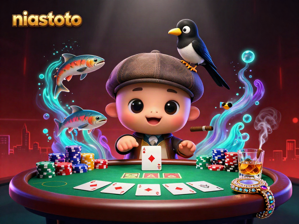 Experience niastoto's thrilling playtime with a cute baby Nessie and friends at a vibrant poker scene.