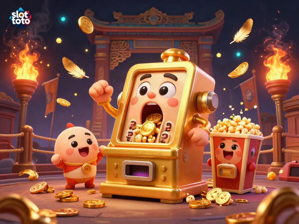 Celebrate big wins with the vibrant slot toto scene, showcasing a joyful golden slot machine and cheering companions.