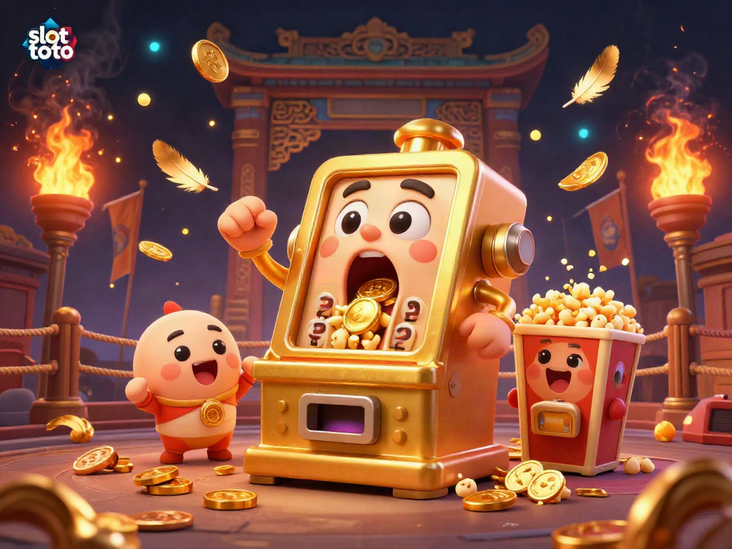 Celebrate big wins with the vibrant slot toto scene, showcasing a joyful golden slot machine and cheering companions.