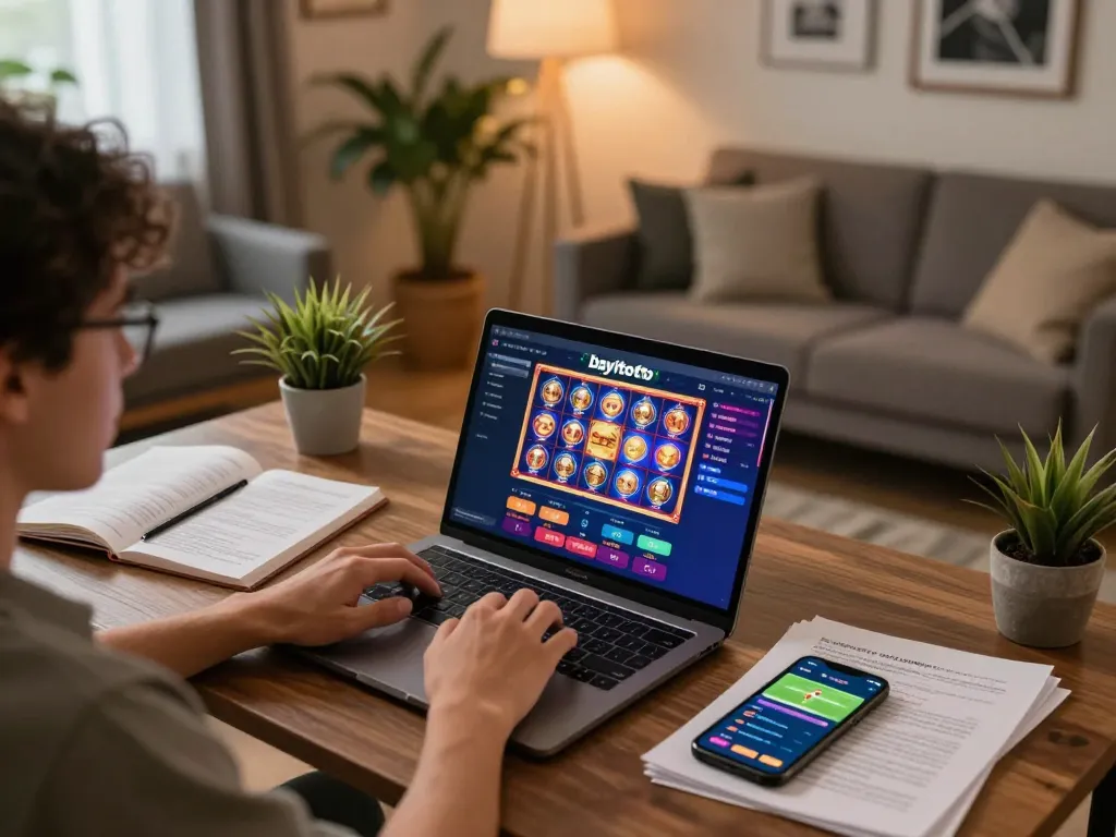 BAYITOTO user engaging with the online slot game in a cozy home office setting, showcasing strategic gaming environment