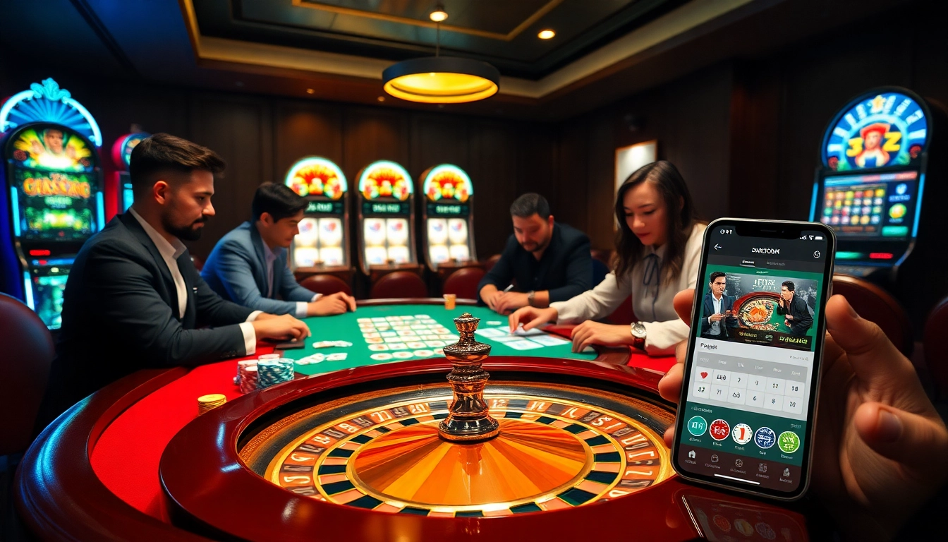 A thrilling game scene at 8kbet showcasing poker chips, casino tables, and an engaging roulette wheel.