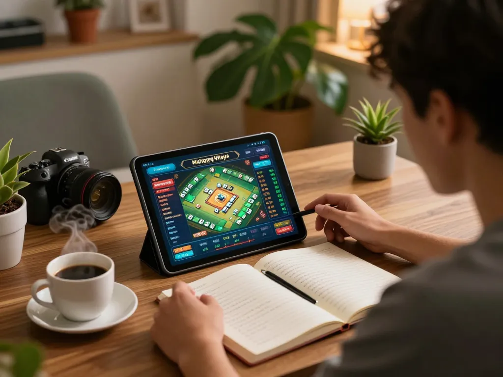 Pemain menganalisis strategi pola stabil rtp mahjong ways di tablet dalam pengaturan rumah yang nyaman.