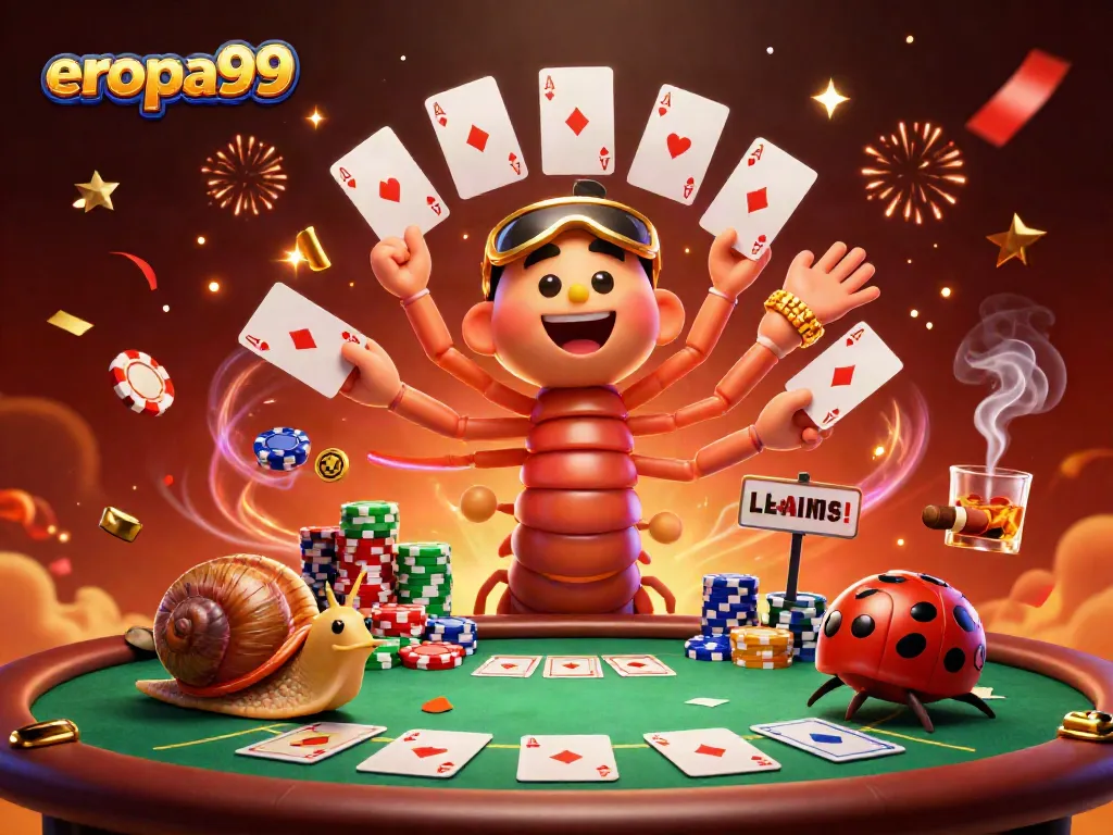 Eropa99 menyajikan dealer kartun dengan kartu remi di tengah suasana kasino yang meriah.