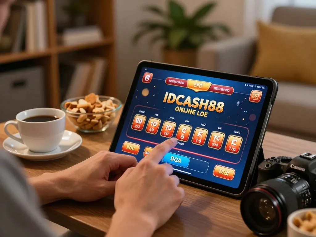 Engaging with IDCASH88 online casino on a tablet in a cozy home setting.