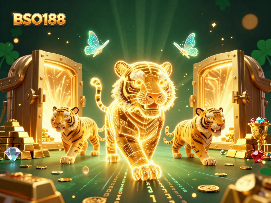 Experience the thrill of BSO188 with a vibrant digital casino illustration showcasing a golden tiger amidst treasures and game elements.