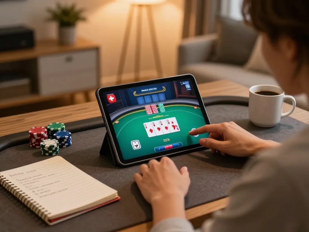 tr88 player immersed in online casino gaming on tablet, showcasing poker strategy and cozy atmosphere.