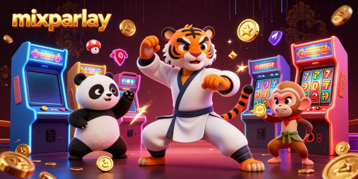 Gambar ilustrasi 3D mixparlay dengan karakter singa kung fu, panda, dan monyet di kasino