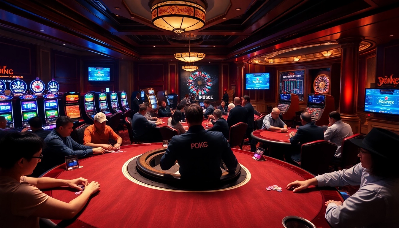 Intense poker action at a luxurious casino with Dominoqiu online poker interface focused on winning strategies.