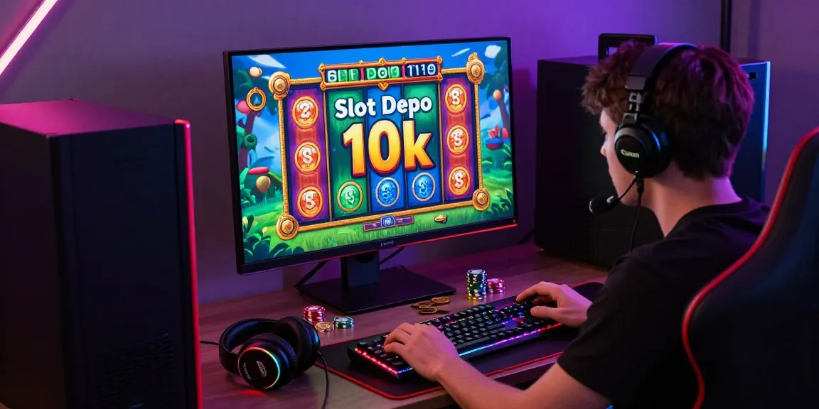 Pengalaman bermain slot depo 10k yang meriah dengan pemain terfokus di monitor dan pajangan koin.
