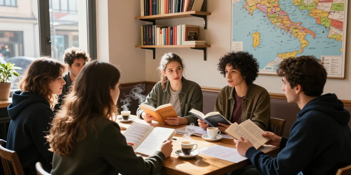 Students learning Italian over cups of espresso in a cozy café, exploring toto togel techniques.
