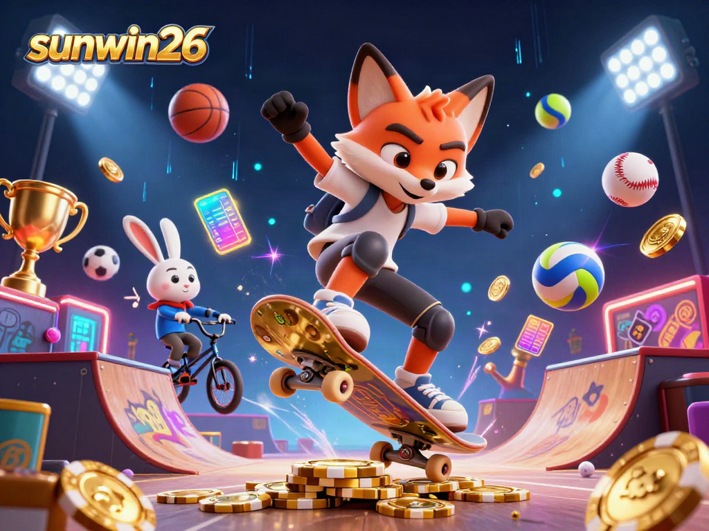 Watch the sunwin26 fox skateboarder kickflip over poker chips while a BMX rabbit tricks in a vibrant casino scene.