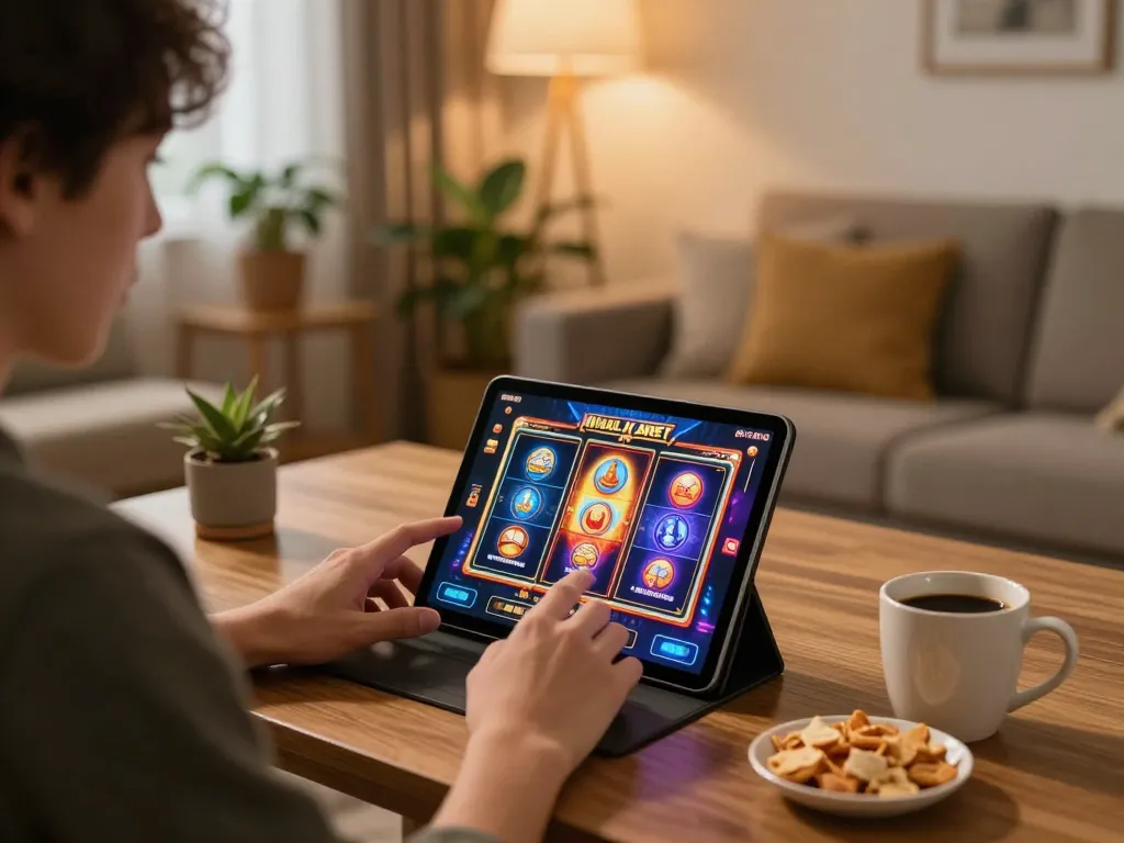 Play slots on paris888 while enjoying a cozy home gaming atmosphere, featuring vibrant graphics and snacks.