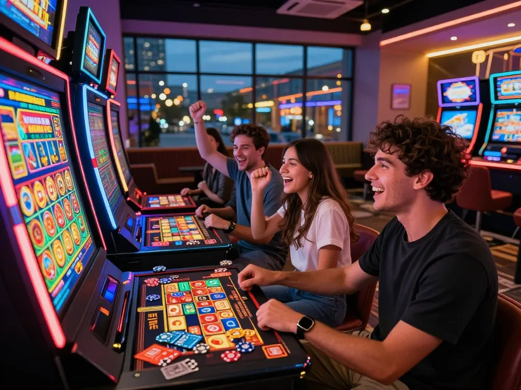 Friends celebrating while playing ligasedayu slot games in a vibrant casino atmosphere.