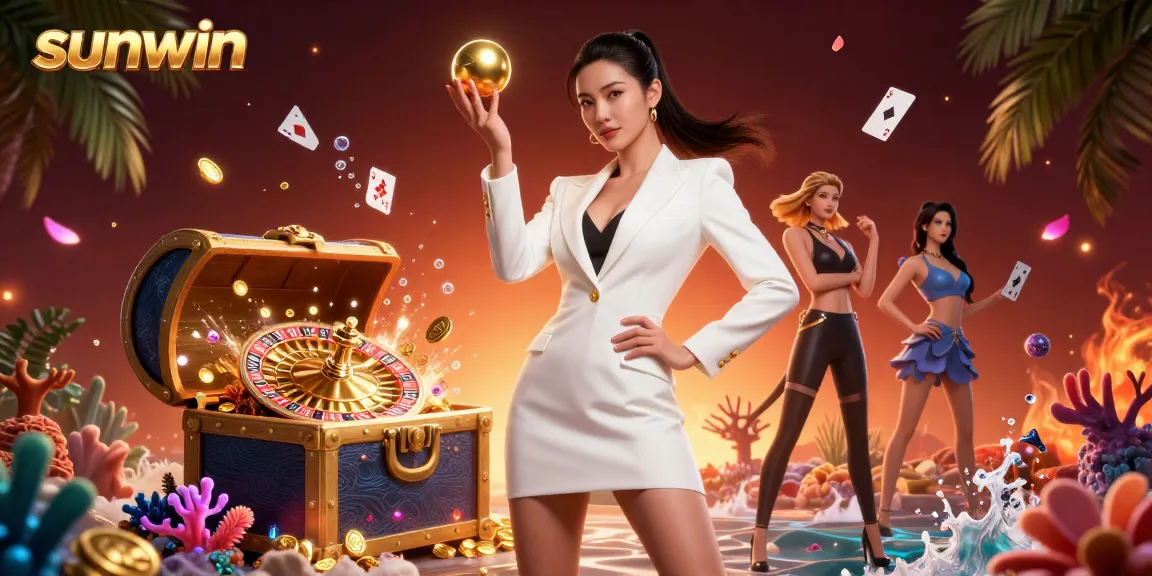 Engage with sunwin as a confident player holds a golden roulette ball, surrounded by casino riches.