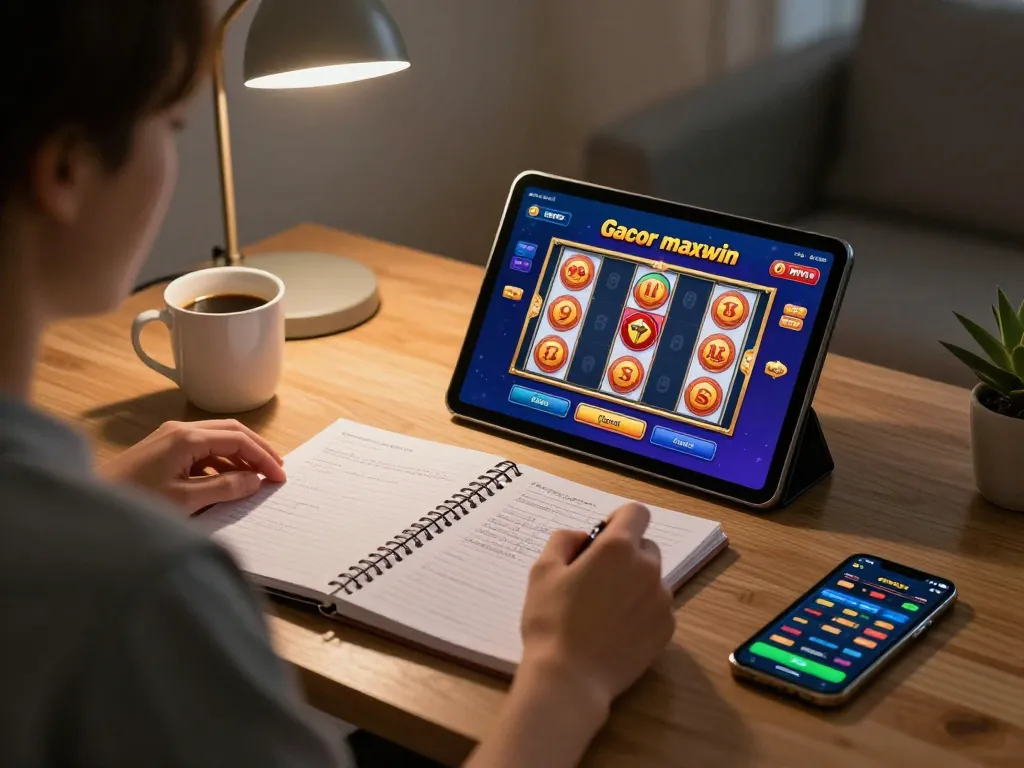 Terlibat dalam permainan slot gacor maxwin di tablet dalam pengaturan kantor rumah yang nyaman.