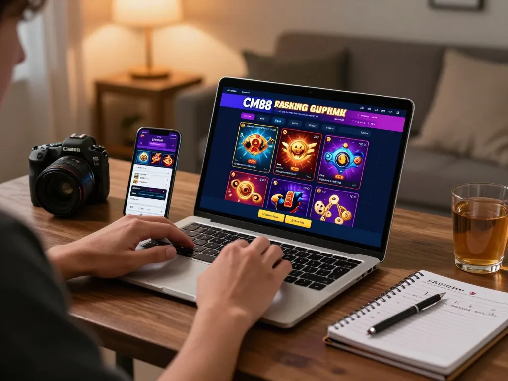 Enjoy live gaming action using the CM88 app on a laptop, showcasing a vibrant online casino interface in a cozy home setup.