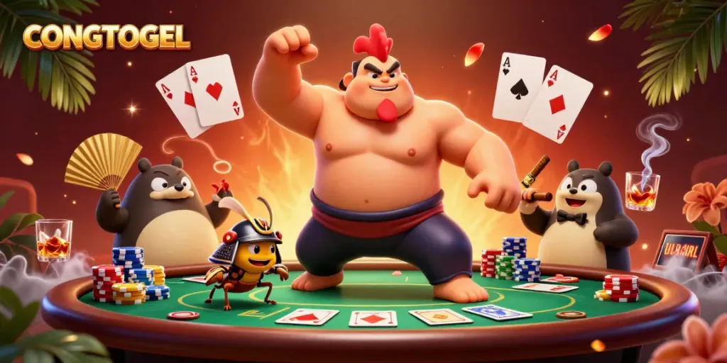 Experience the thrill of gaming with CONGTOGEL as a powerful sumo rooster dominates a poker scene.