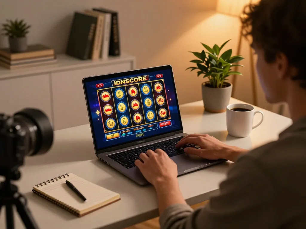 IDNSCORE player enjoying a slot game on a laptop in a cozy home setting, showcasing responsible gaming.