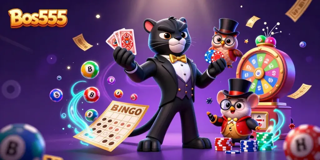 Bermain slot di Bos555 dengan karakter kartun unik dan elemen kasino berwarna-warni.