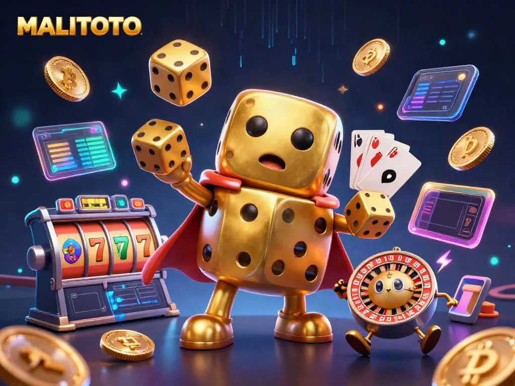 Experience winning excitement with MALITOTO's dynamic casino game scene featuring golden dice and slot machines