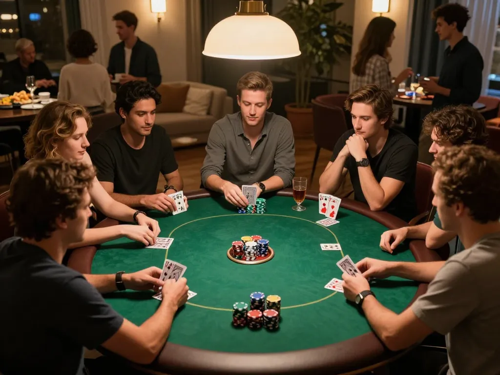 UGDEWA poker players strategizing during a friendly game night, vibrant chips and cards on display.