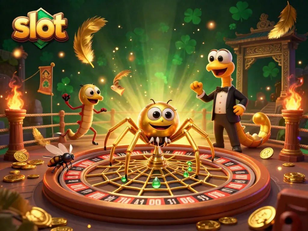 Engage in thrilling slot action with a golden spider and centipede dealer in a lively casino scene.