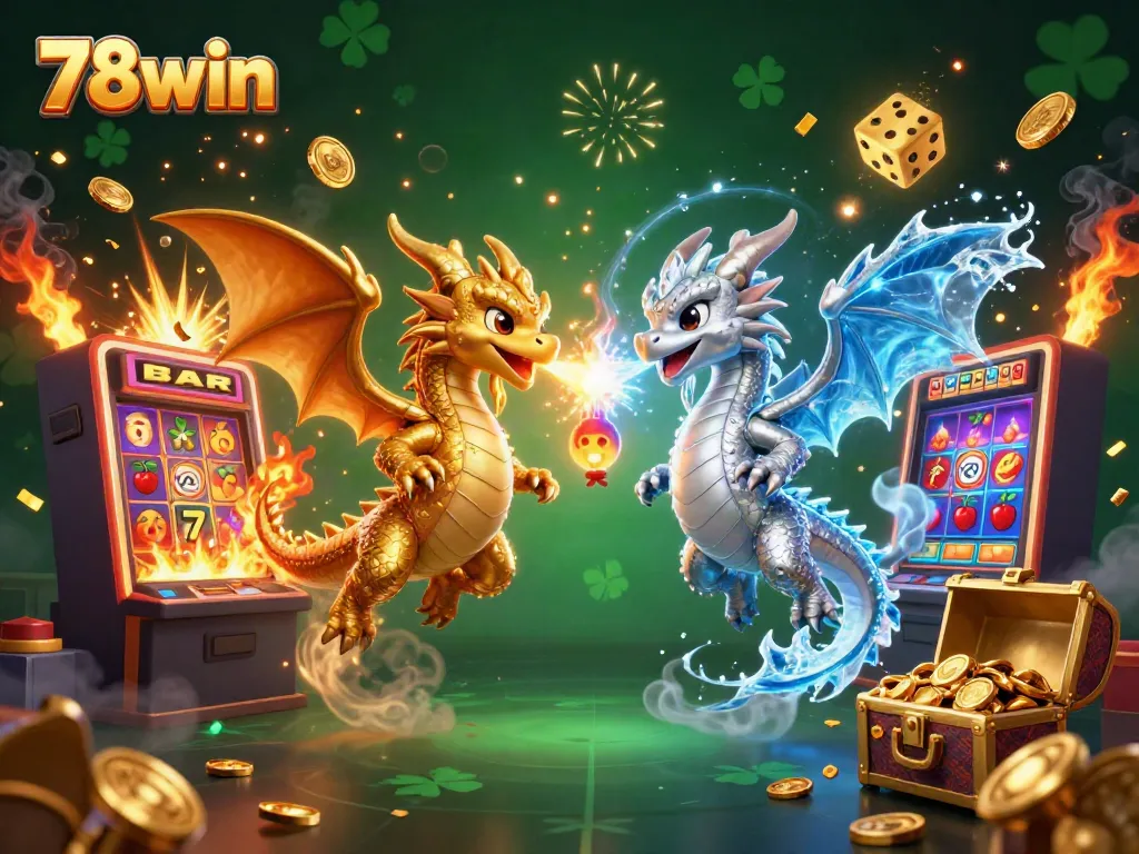 Experience thrilling action with 78win as cartoon dragons battle in a bustling casino scene.