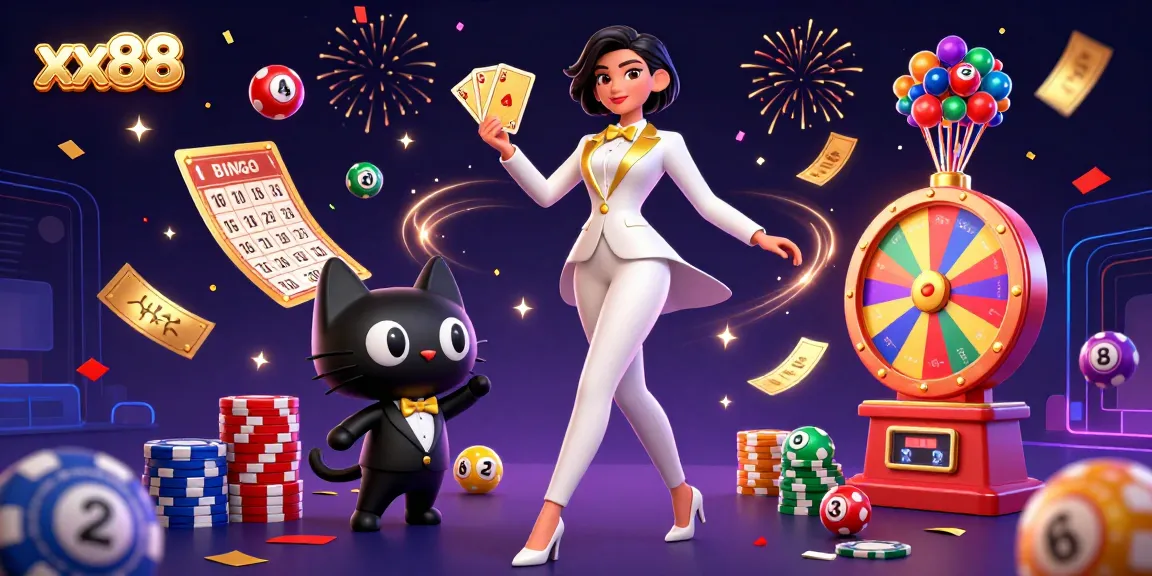 Experience the thrill of xx88 with dynamic lottery balls and an elegant dealer in celebratory 3D casino art.