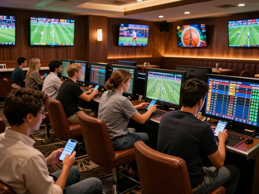 Exciting sports betting scene at U888 with engaged players analyzing odds on their devices.