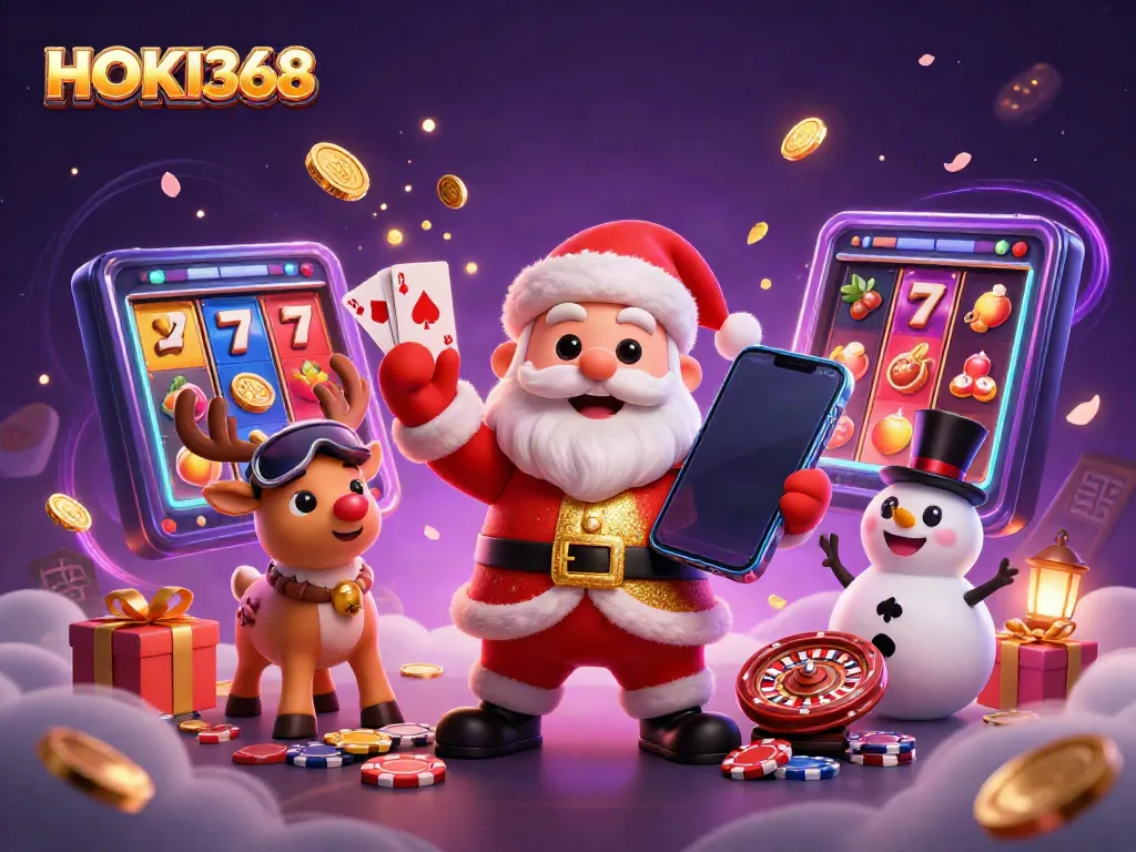 Experience exciting wins with HOKI368 in a vibrant casino environment featuring Santa and friends.