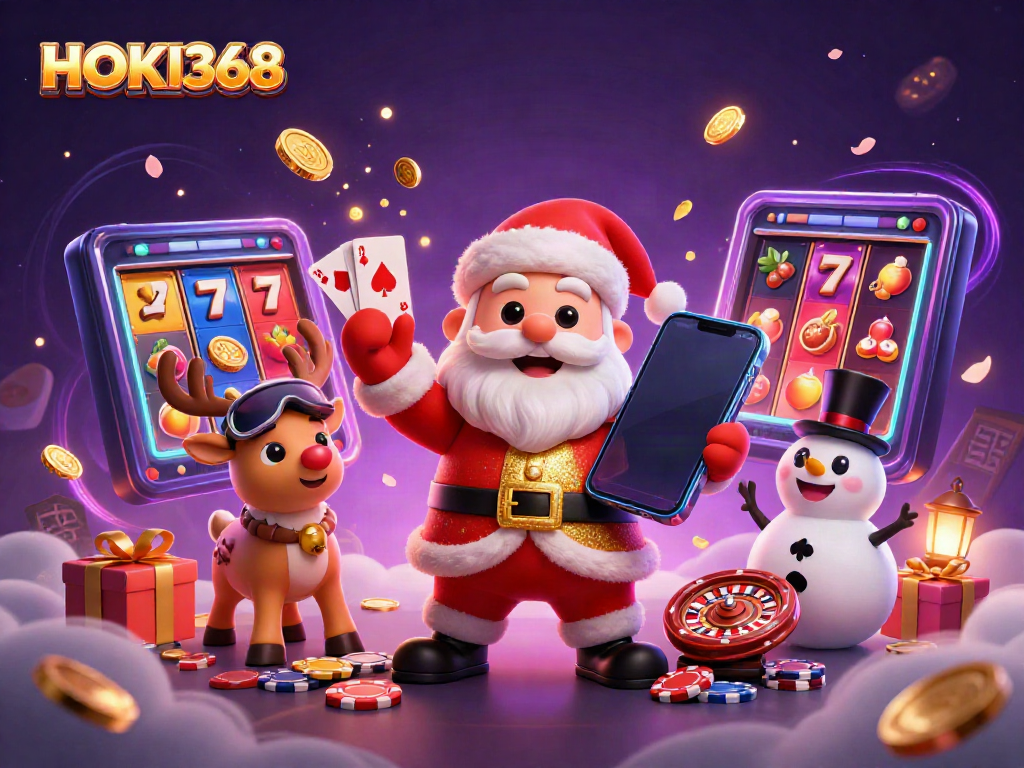 Experience exciting wins with HOKI368 in a vibrant casino environment featuring Santa and friends.